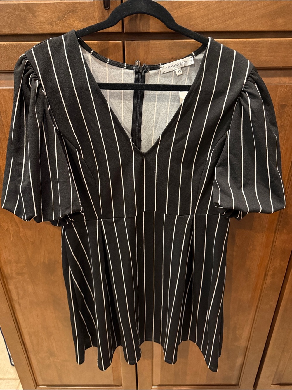 The Vanity Room Black and White Pinstripe V-Neck Midi Dress